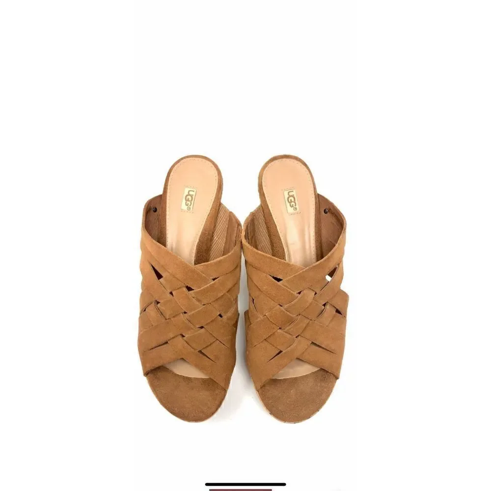 UGG Marta chestnut cork, slip on wedges, size 8W soft suede with woven straps al